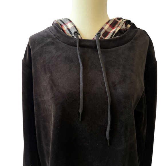 SANCTUARY VELOUR HOODIE SWEATSHIRT PLAID DETAILING PULLOVER PREPPY SCHOOL NWT M - Picture 3 of 11
